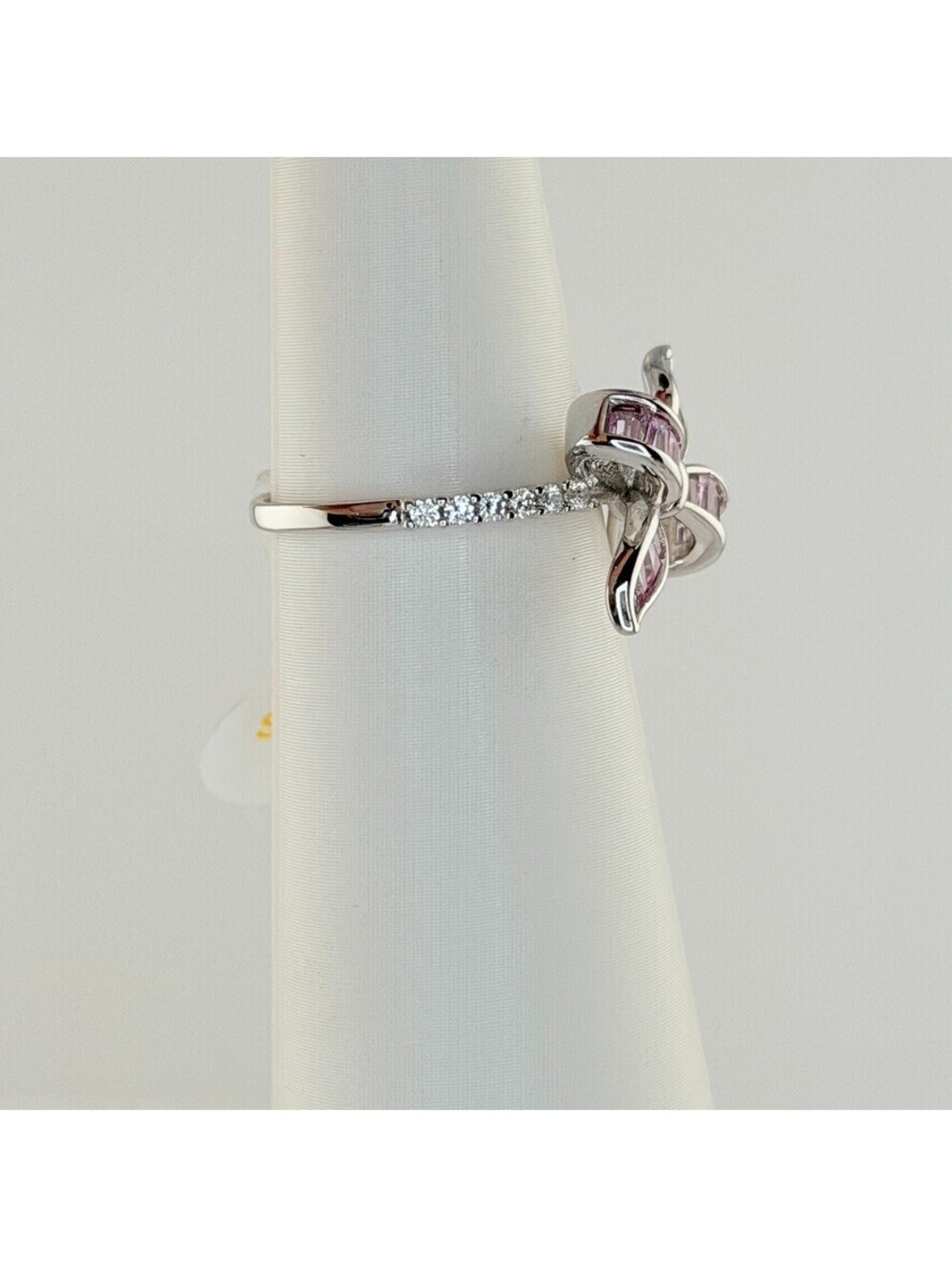 Bomb Party Sterling Club Sz 7 "She Loves A Bow” Pink Sapphire on .925 W/ Rhodium - Picture 4 of 6